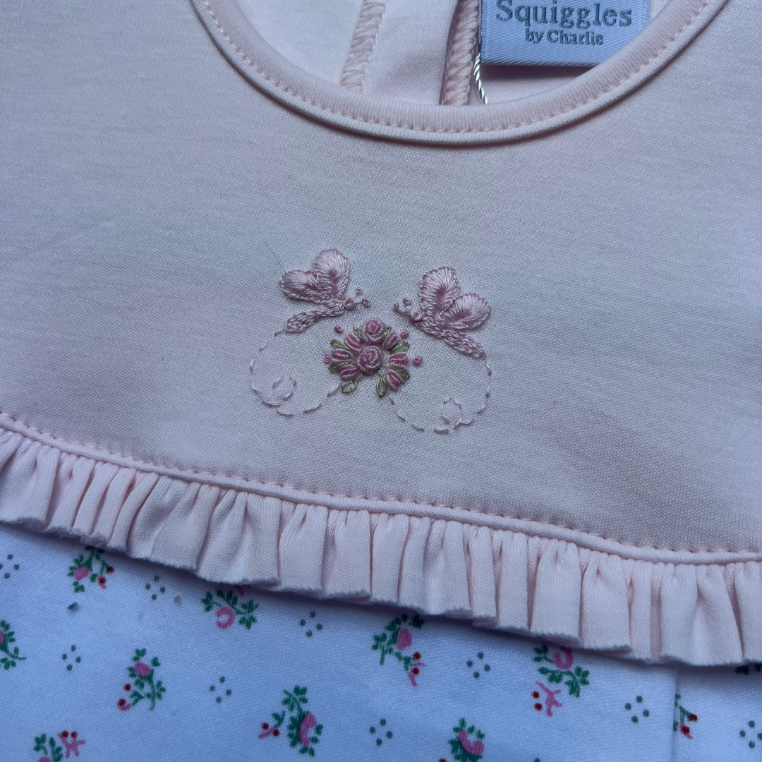 Floral Hand Embroidered Pima Ruffle Footie