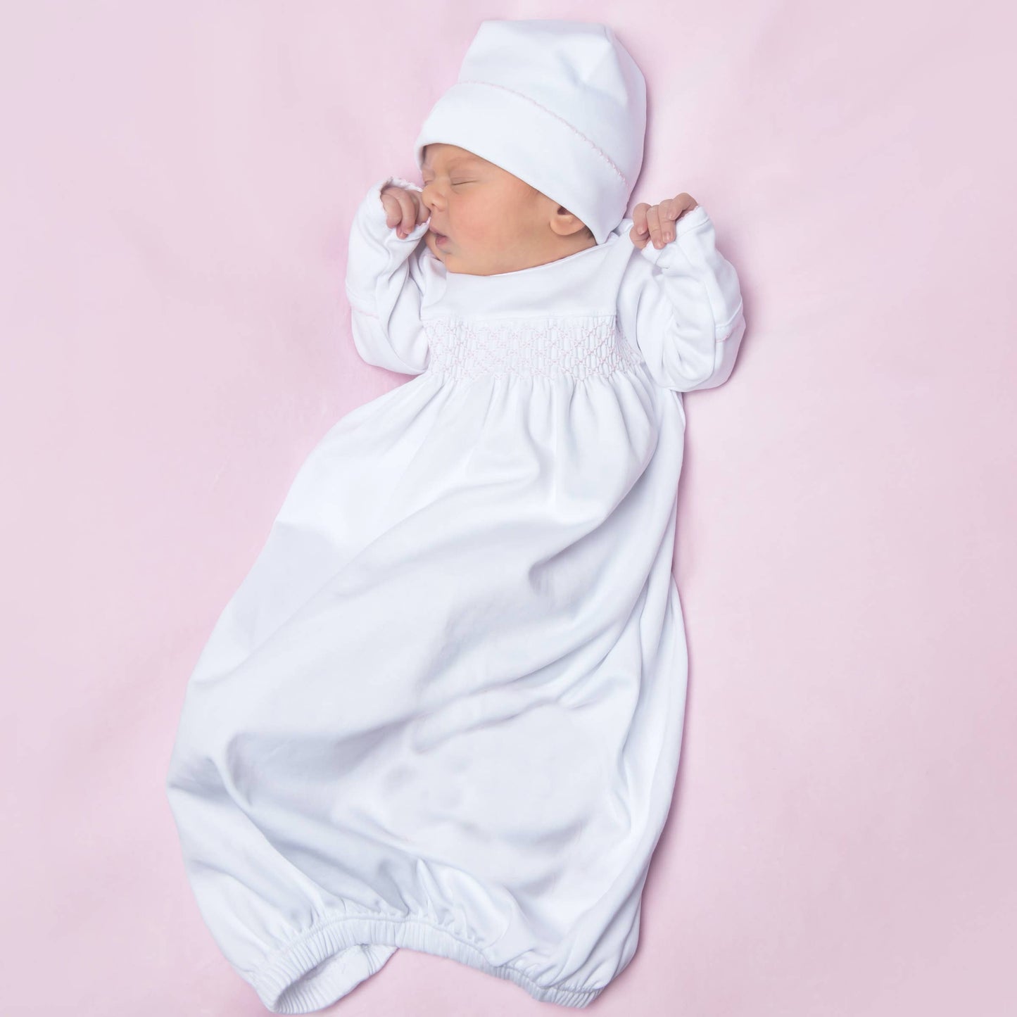 White Pima Smocked Gown with Pink Trim