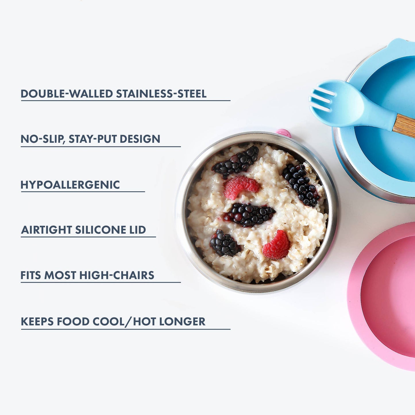 Stainless Steel Baby Bowl + Airtight Lid - Pink