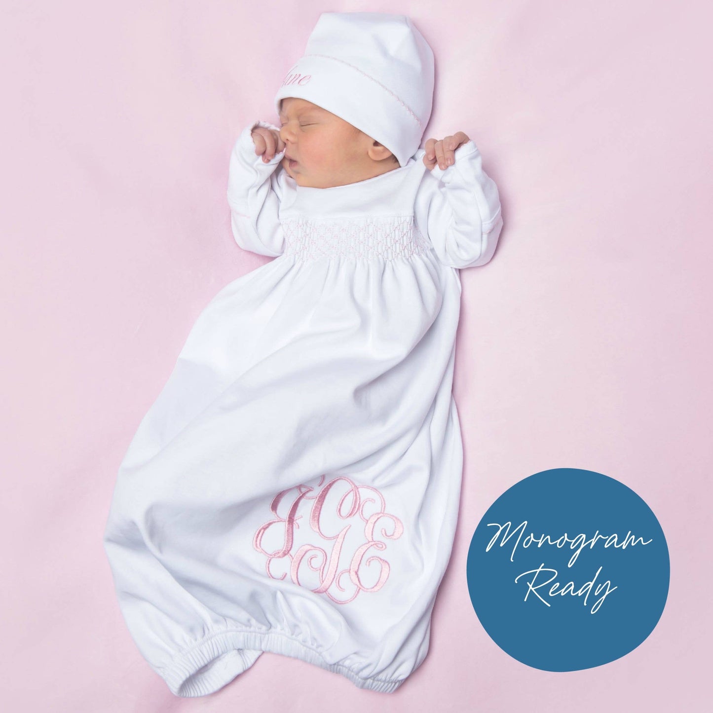 White Pima Smocked Gown with Pink Trim
