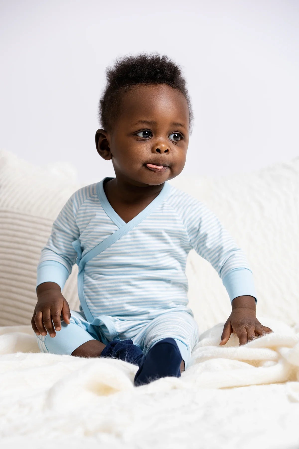 Organic Kimono Tie Romper - Blue French Stripe