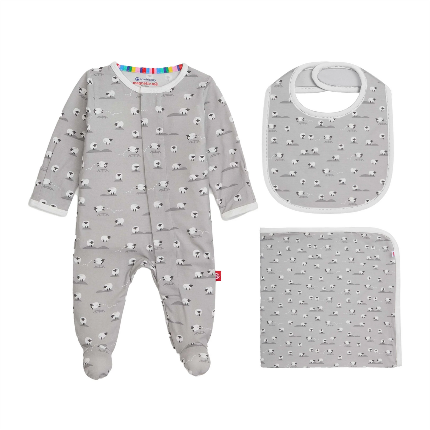 Goodnight Baby Footie + Bib + Blanket Gift Set - Grey Baa Baa