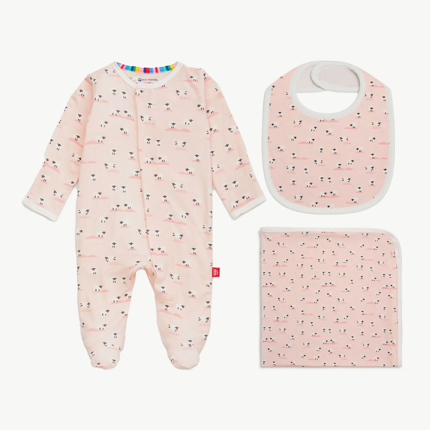 Goodnight Baby Footie + Bib + Blanket Gift Set - Pink Baa Baa