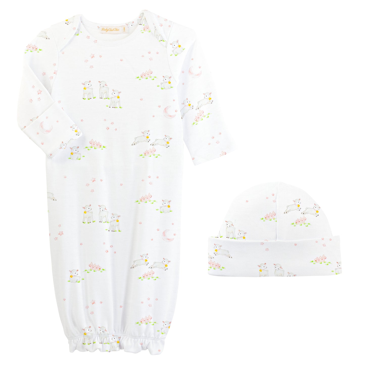 Pink Baby Lambs Pima Gown & Hat Set