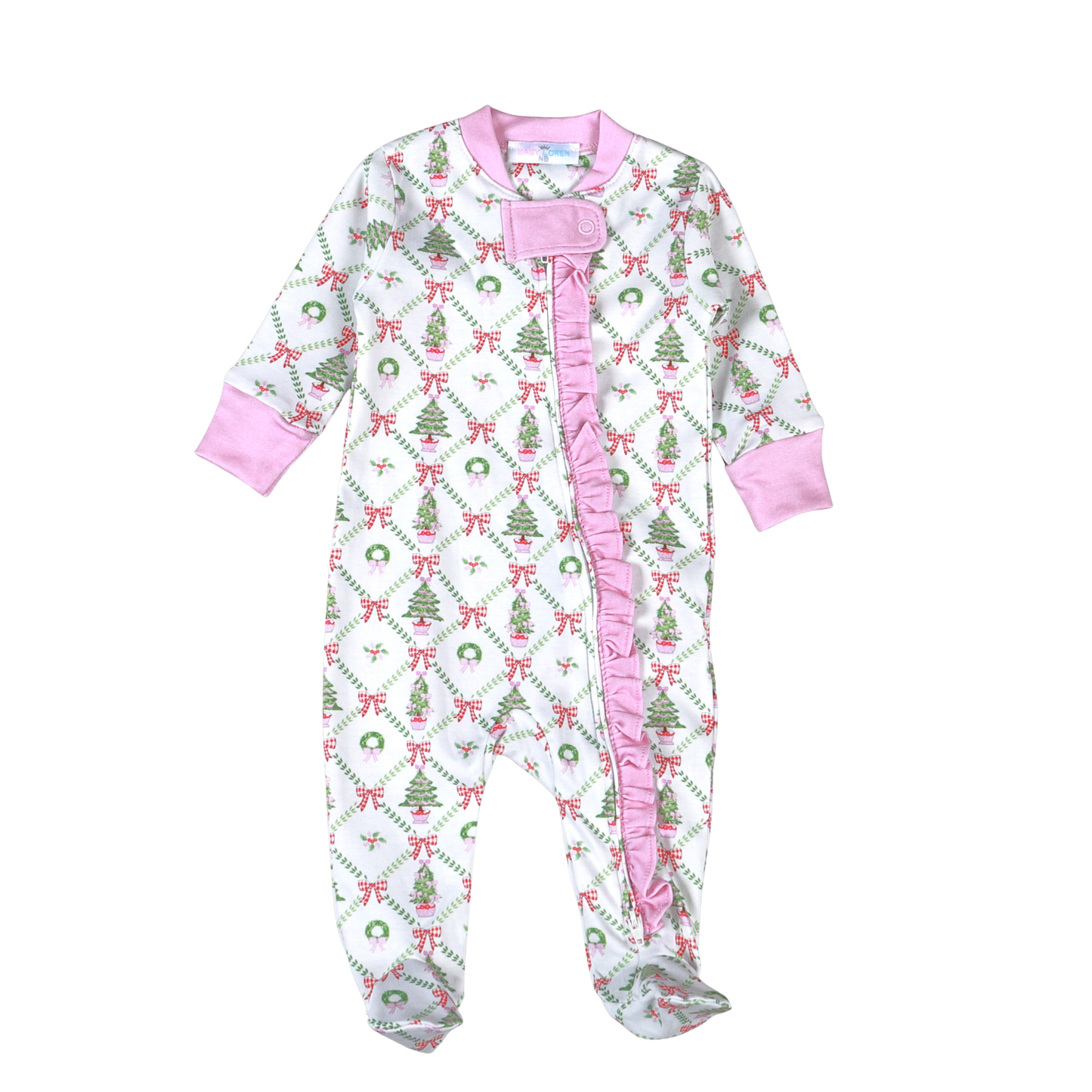 Pink Christmas Trees Pima Ruffle Zip Footie