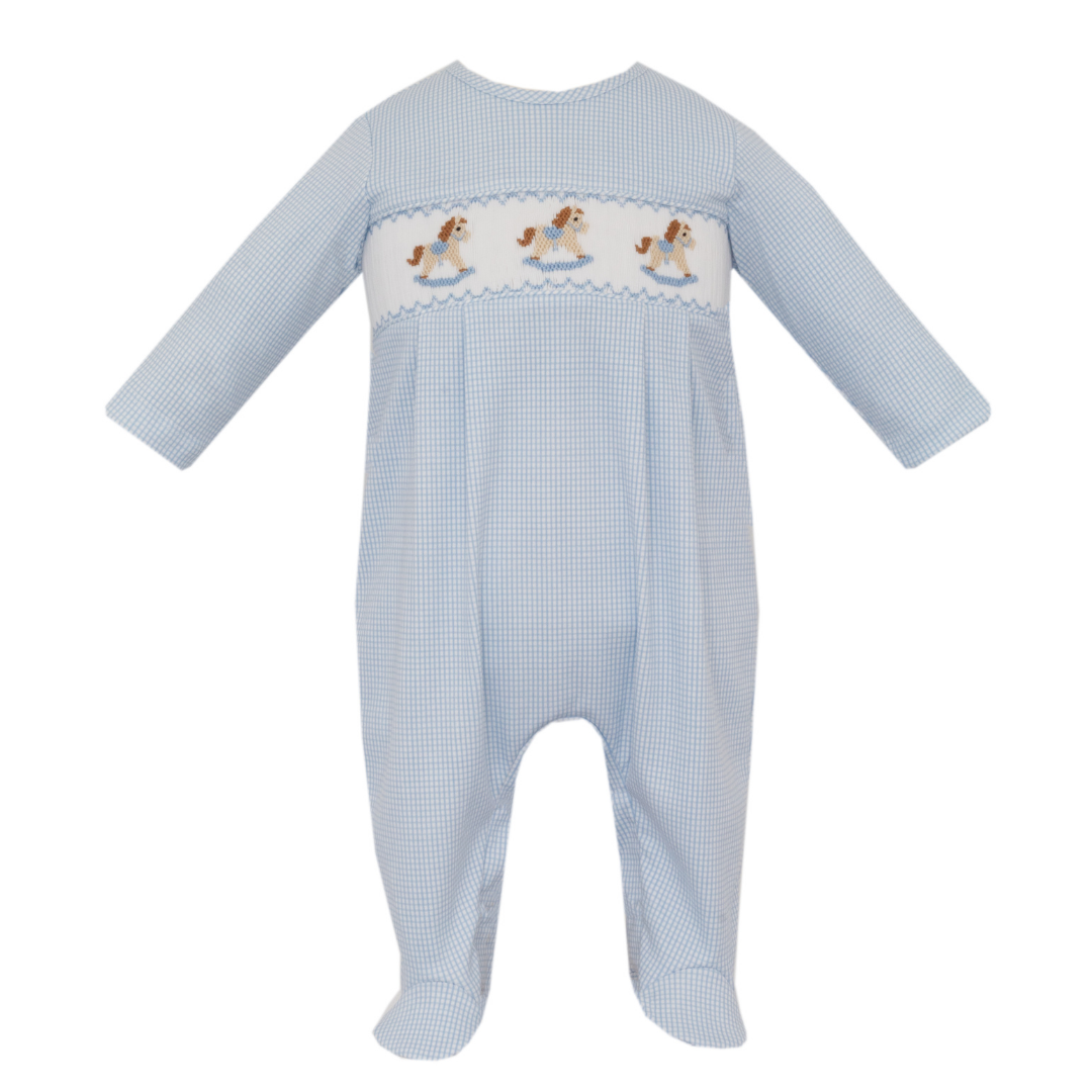 Rocking Horse Smocked Pima Blue Check Footie