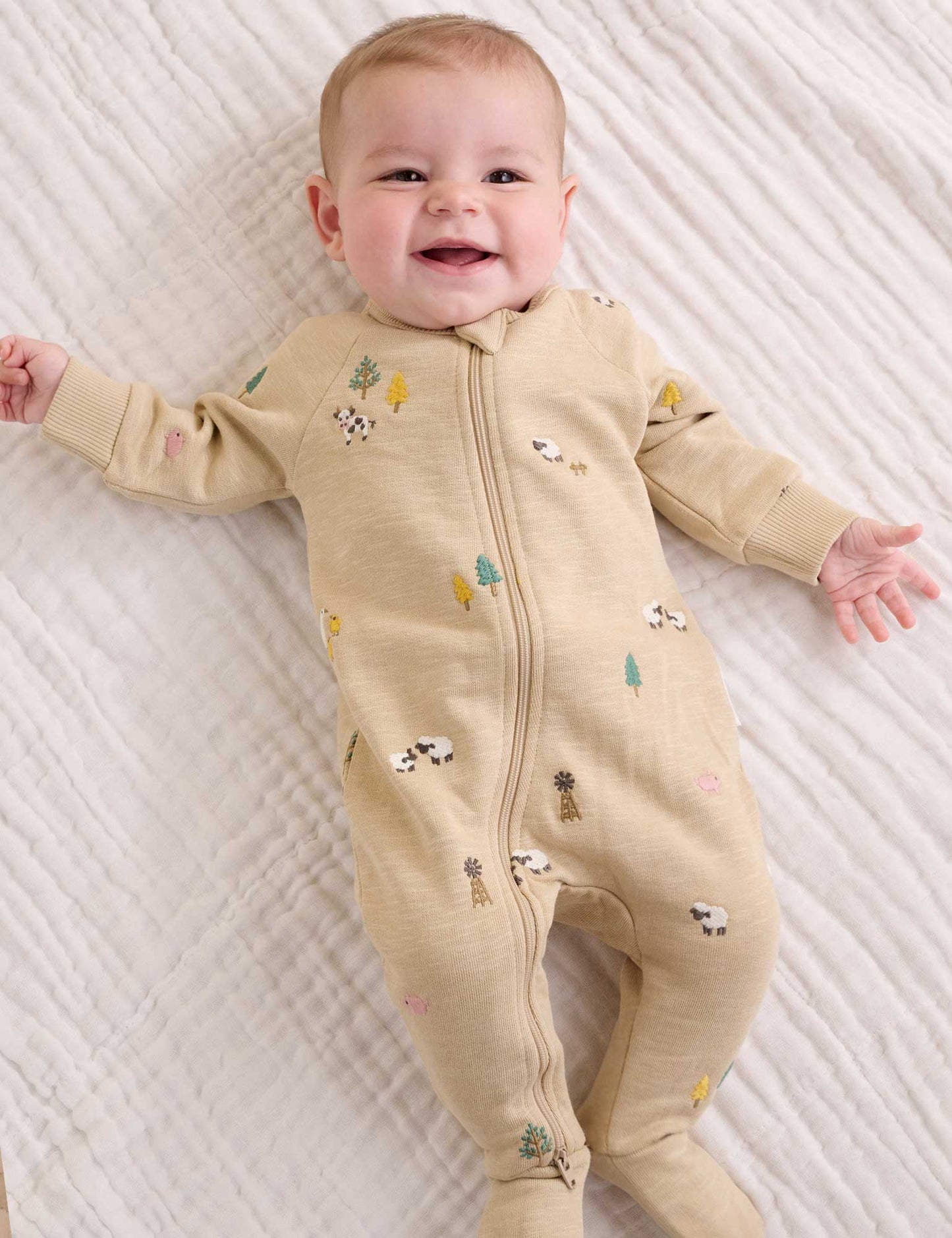 Organic Farm Friends Embroidered Fleece Footie