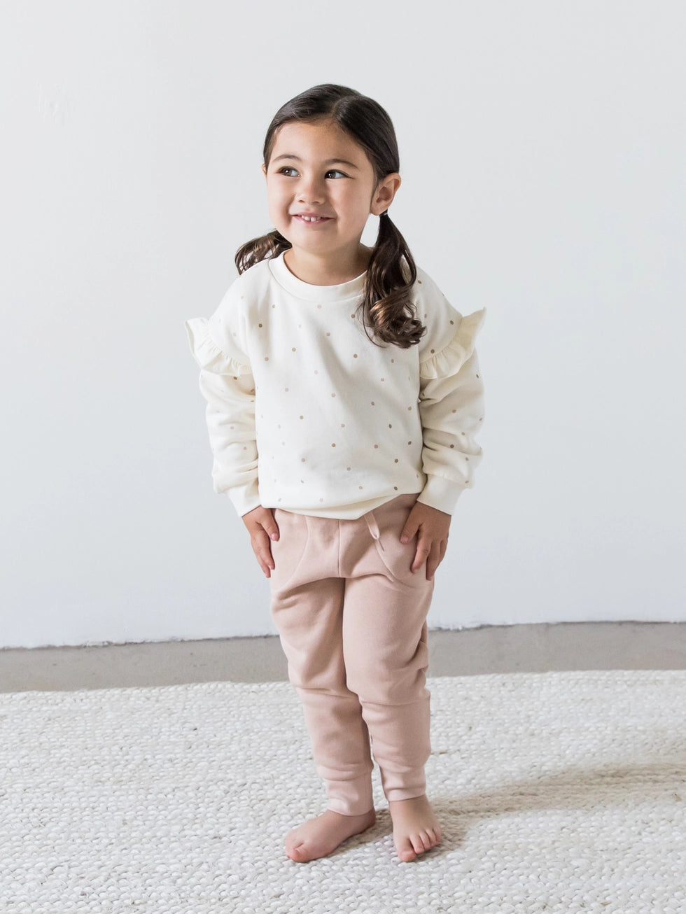 Abbie Fleece Ruffle Pullover - Ivory/ Fawn Mini Polka