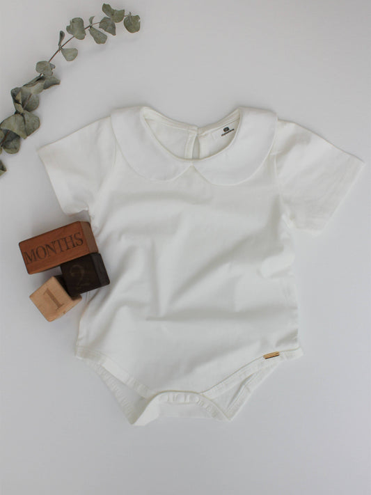 White Cotton Bodysuit with Rounded Collar