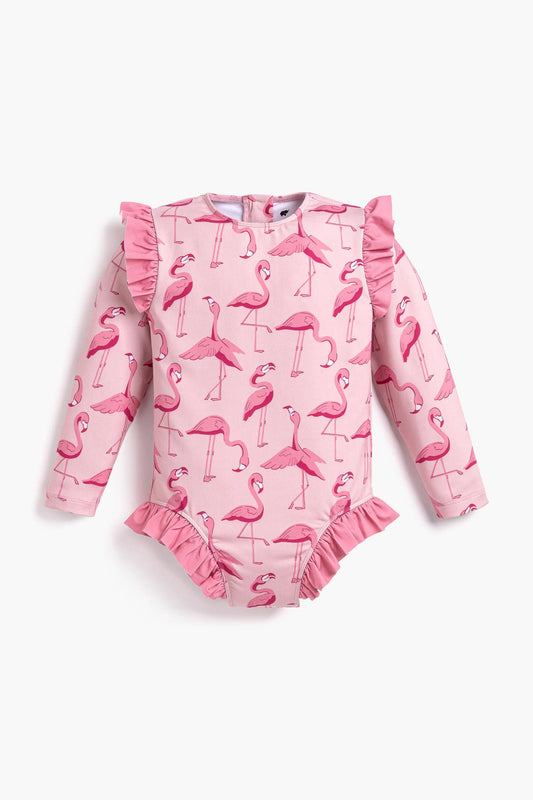 UPF 50+ Flamingo Ruffle Rash Guard Swimsuit
