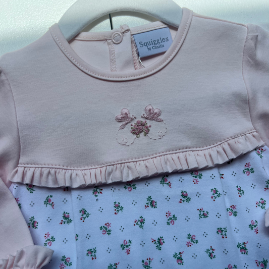 Floral Hand Embroidered Pima Ruffle Footie