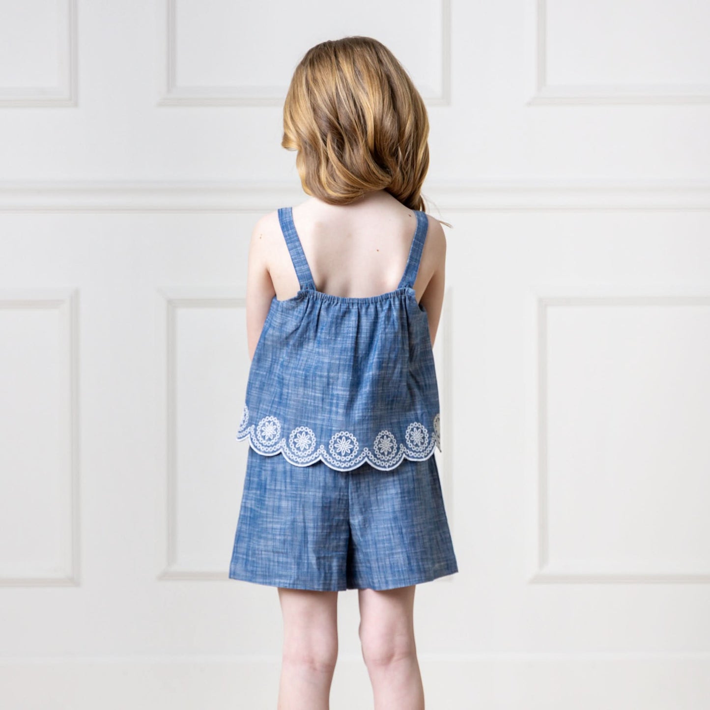 Faux Tank Organic Embroidered Chambray Romper