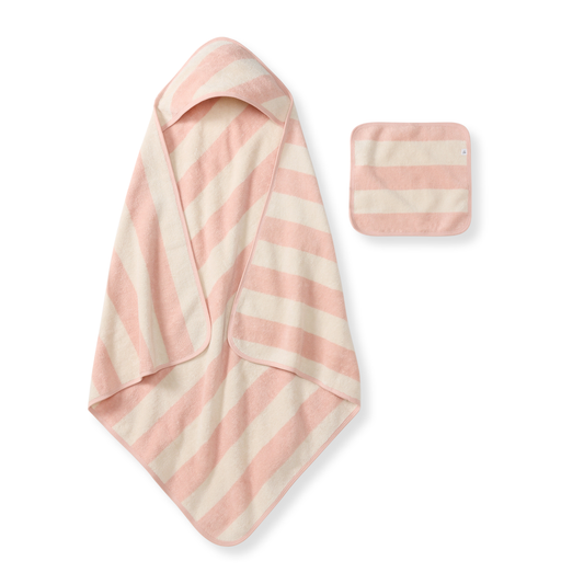 Organic Rugby Stripe Terry Towel & Washcloth Set - Pink Sand