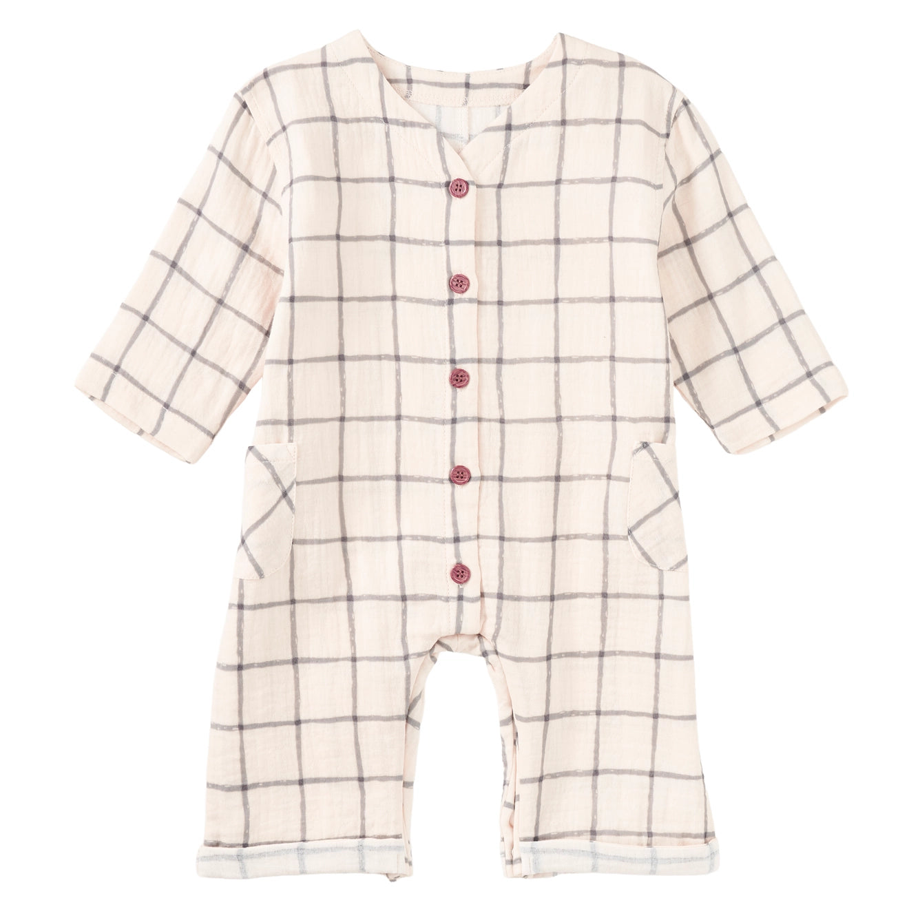 Cabin Plaid Muslin Patch Pocket Romper