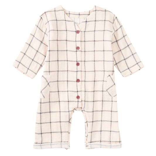 Cabin Plaid Muslin Patch Pocket Romper