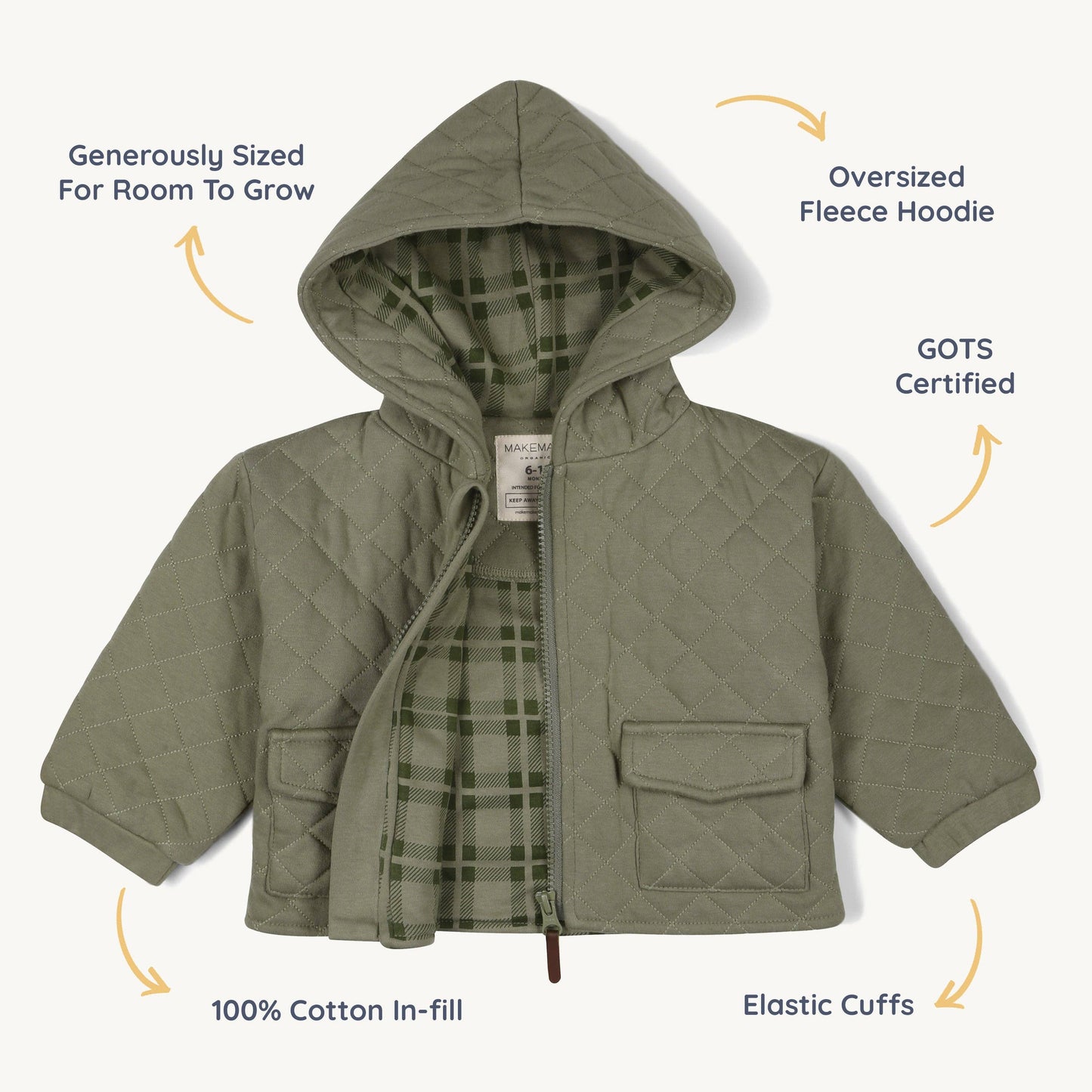 Organic Olive Quilted Hooded Jacket