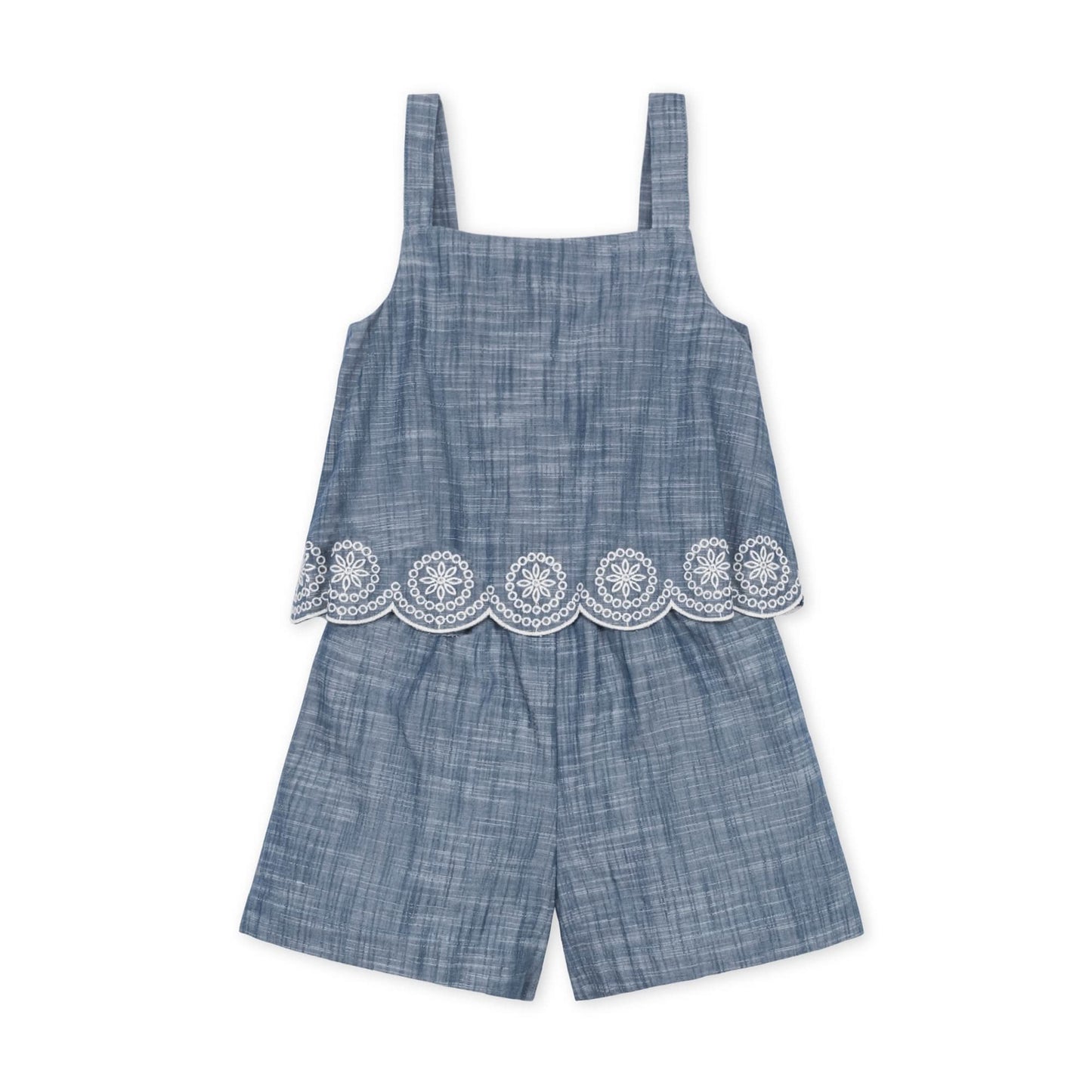 Faux Tank Organic Embroidered Chambray Romper