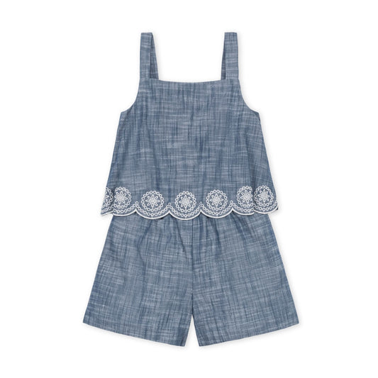 Faux Tank Organic Embroidered Chambray Romper