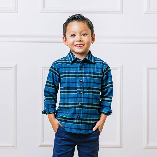 Blue & Green Brushed Flannel Organic Button Down Shirt