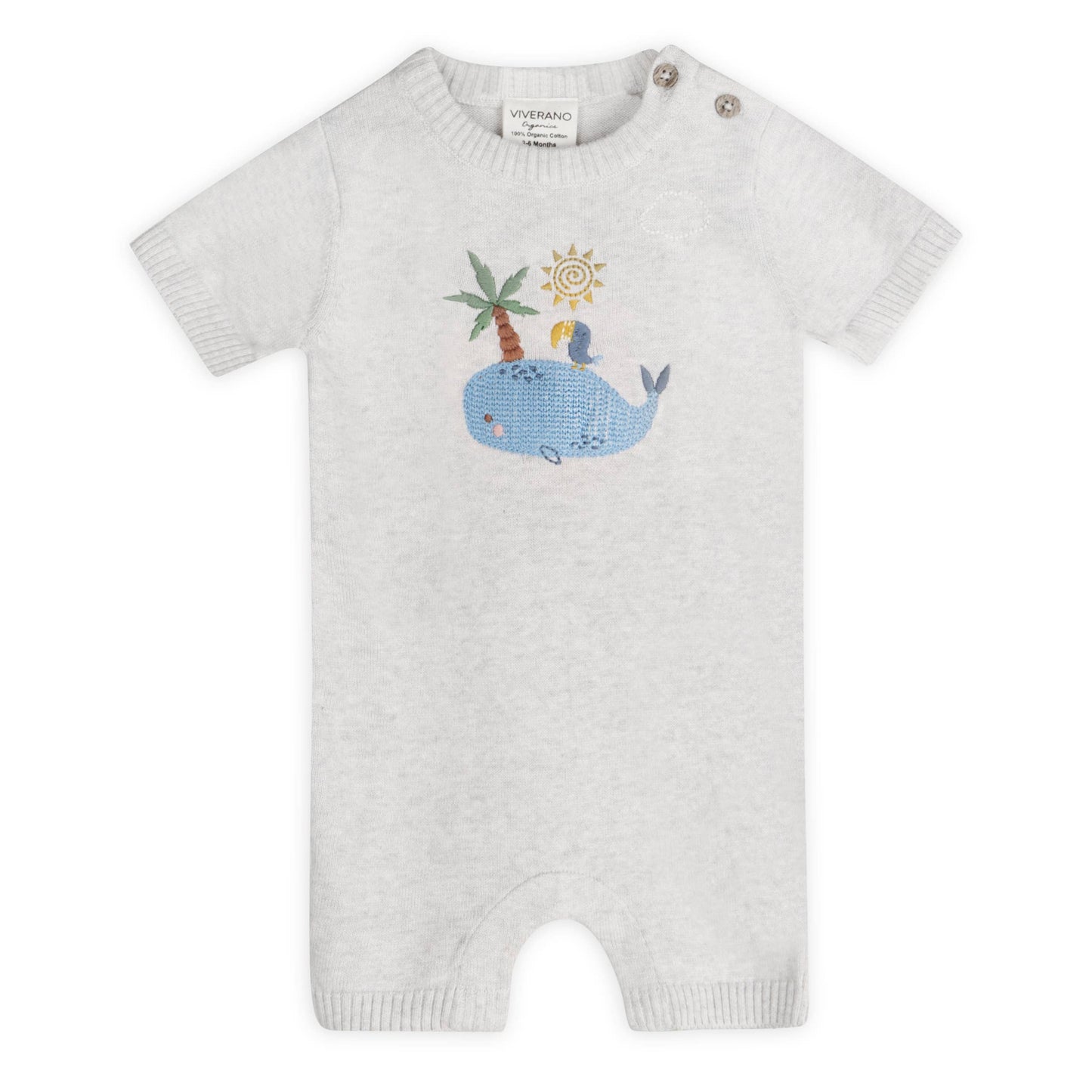 Whale & Bird Embroidered Organic Knit Romper