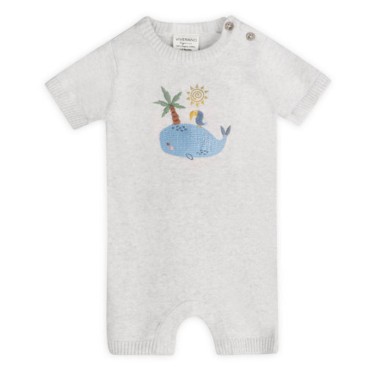 Whale & Bird Embroidered Organic Knit Romper