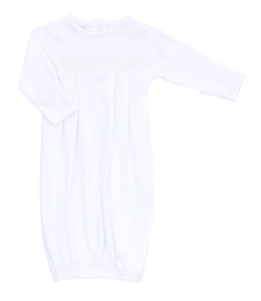 White Pima Smocked Gown with White Trim