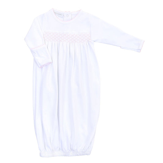 White Pima Smocked Gown with Pink Trim