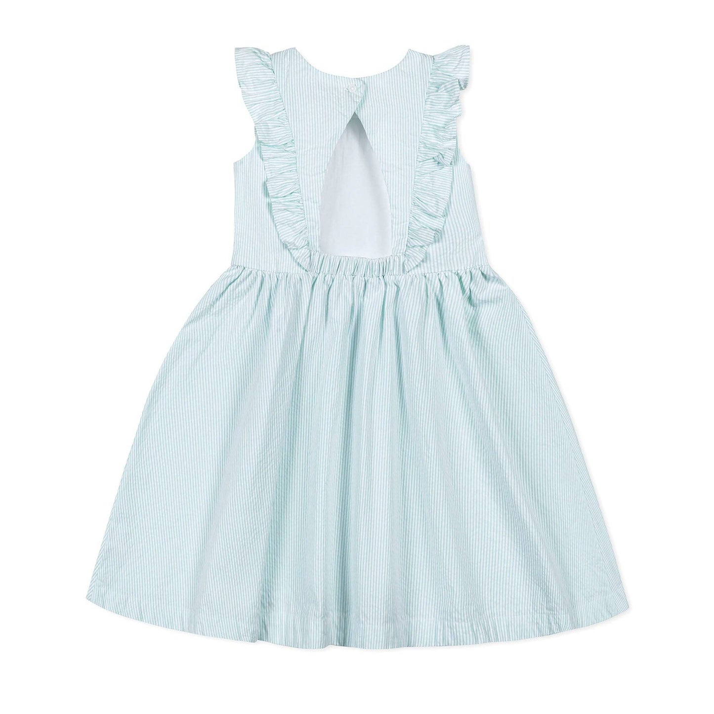 Organic Flutter Sleeve Open Back Dress- Mint Seersucker