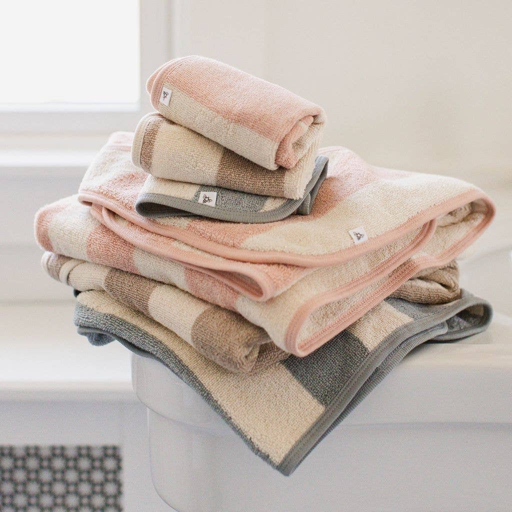 Organic Rugby Stripe Terry Towel & Washcloth Set - Quarry