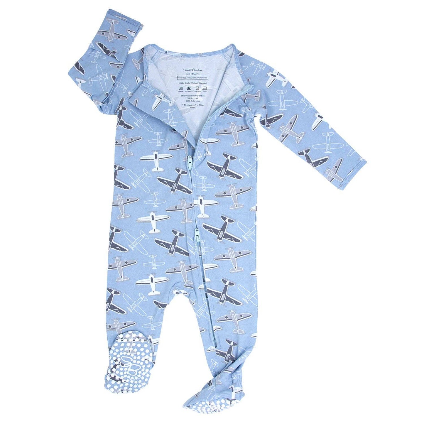 Blue Airplanes Bamboo Zip Footie