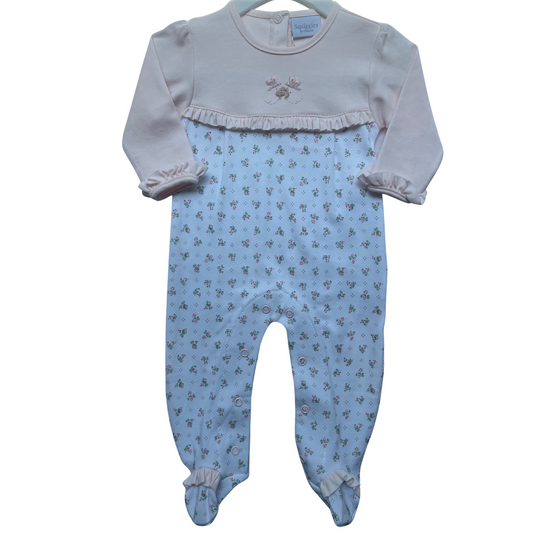 Floral Hand Embroidered Pima Ruffle Footie