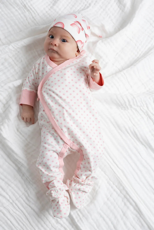Organic Kimono Tie Romper - Pink Polka Dot