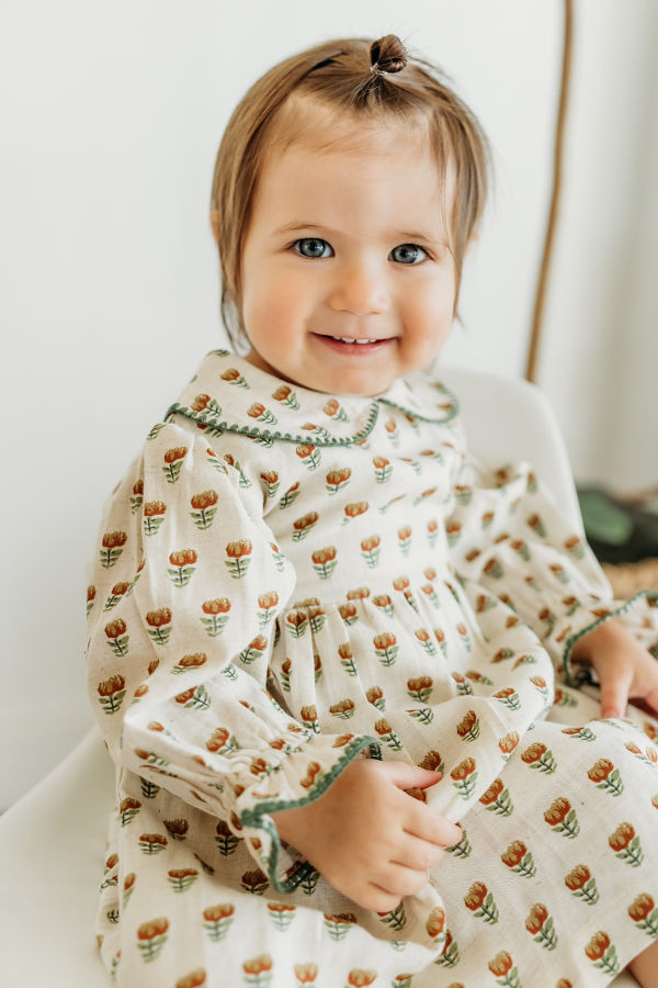 Organic Linen Ina Block Floral Dress and Bloomer Set