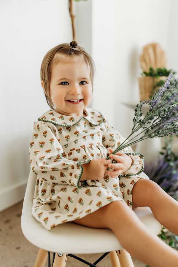 Organic Linen Ina Block Floral Dress and Bloomer Set
