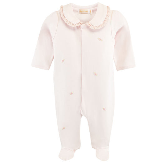 Pink Ruffle Collar Rosebud Embroidered Pima Footie
