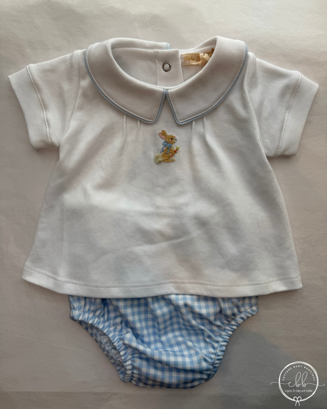 Little Hop Blue Embroidered Pima Shirt and Diaper Cover Set