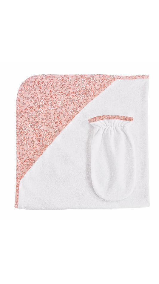 Blooming Sweet Roses Pima Hooded Towel w/ Washcloth Mitt Set