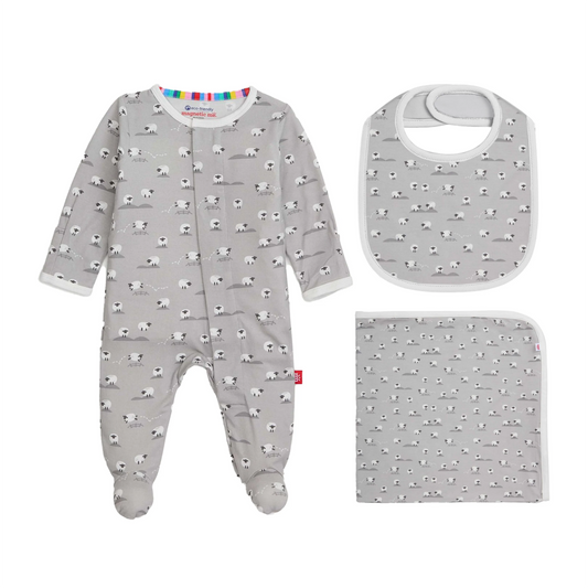 Goodnight Baby Footie + Bib + Blanket Gift Set - Grey Baa Baa