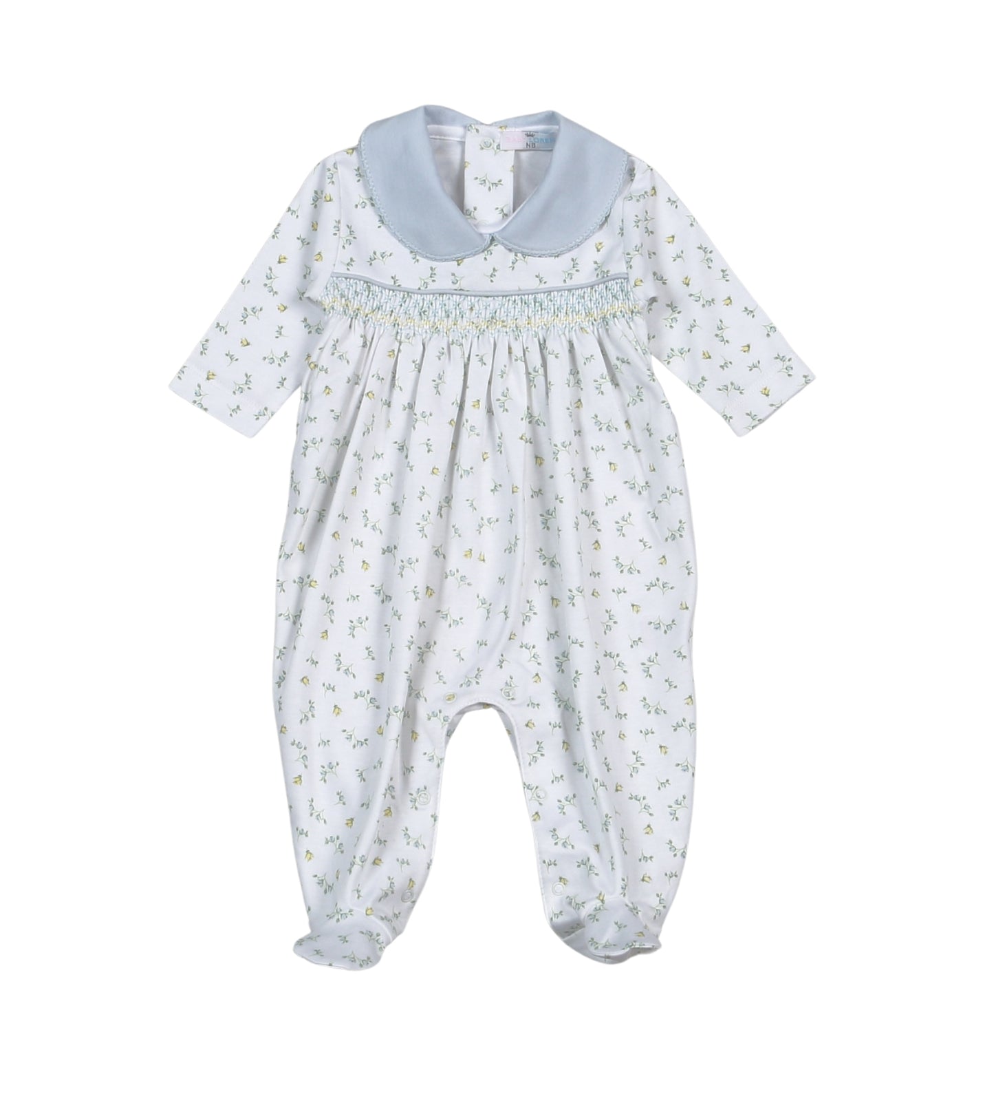 Mia Blue Floral Hand Smocked Pima Footie