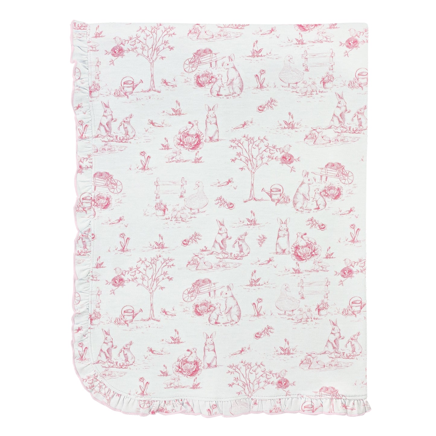 Pink Toile Bunnies Ruffle Pima Blanket