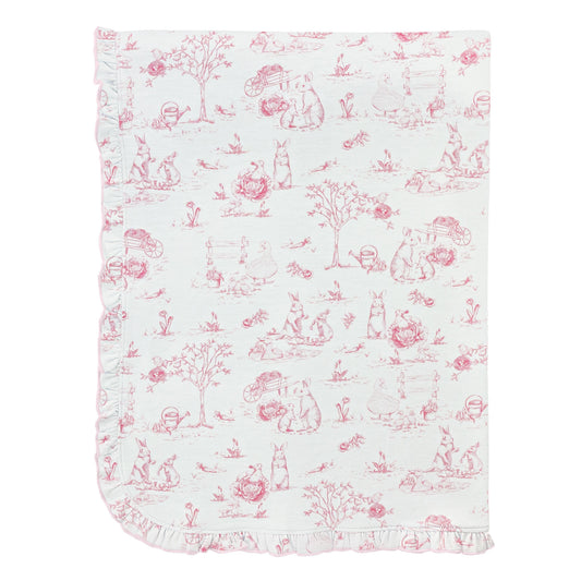 Pink Toile Bunnies Ruffle Pima Blanket