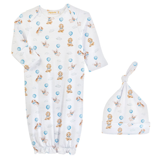 Cute Puppies Blue Pima Gown + Hat Set