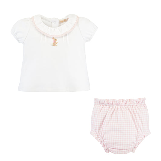 Little Hop Pink Embroidered Pima Shirt and Diaper Cover Set