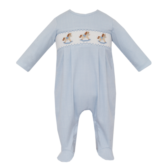 Rocking Horse Smocked Pima Blue Check Footie
