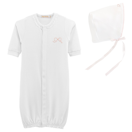 Embroidered Bow Pima Gown w/ Bonnet