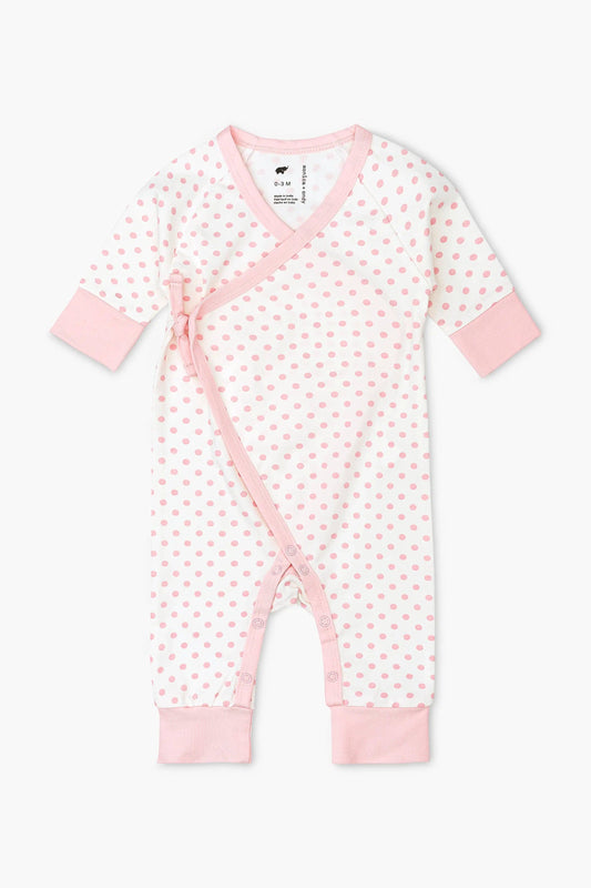 Organic Kimono Tie Romper - Pink Polka Dot