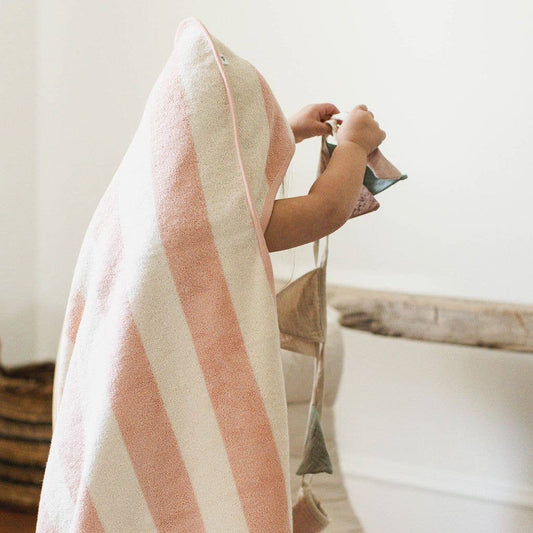 Organic Rugby Stripe Terry Towel & Washcloth Set - Pink Sand