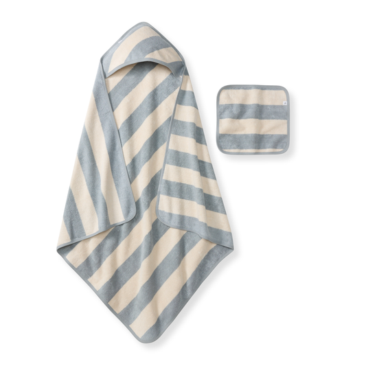 Organic Rugby Stripe Terry Towel & Washcloth Set - Quarry