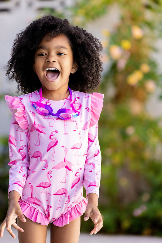 UPF 50+ Flamingo Ruffle Rash Guard Swimsuit