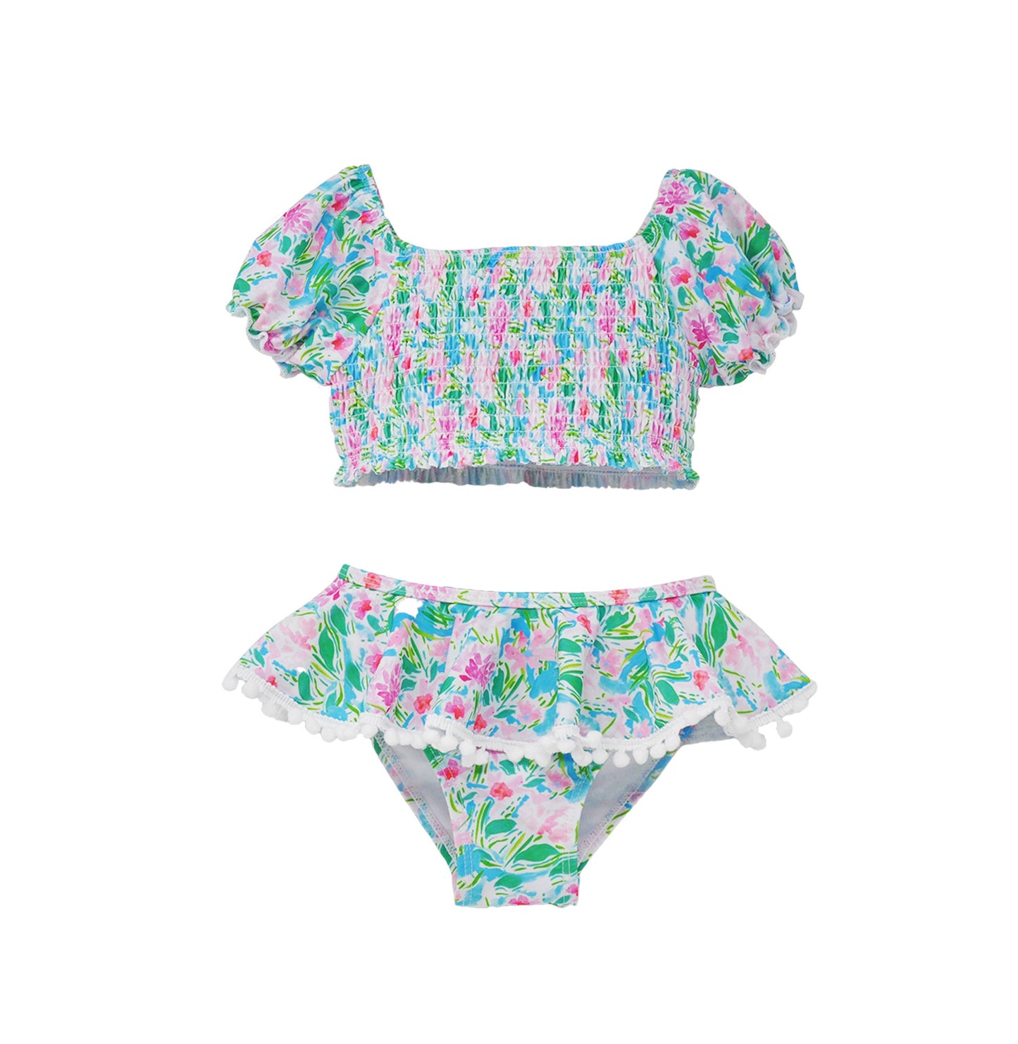 UPF50+ Gemma Two Piece Smocked Pom-Pom Swimsuit- Lotus & Lilies